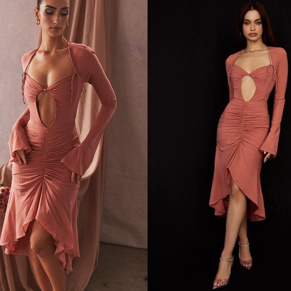 HOUSE OF CB 'Reine' Rose Real Silk Ruffle Midi Dress NWOT - Picture 2 of 5